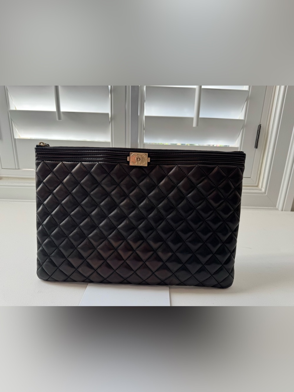LUXE Black Quilted Leather Zip Pouch Clutch – Gold-Tone CC Hardware